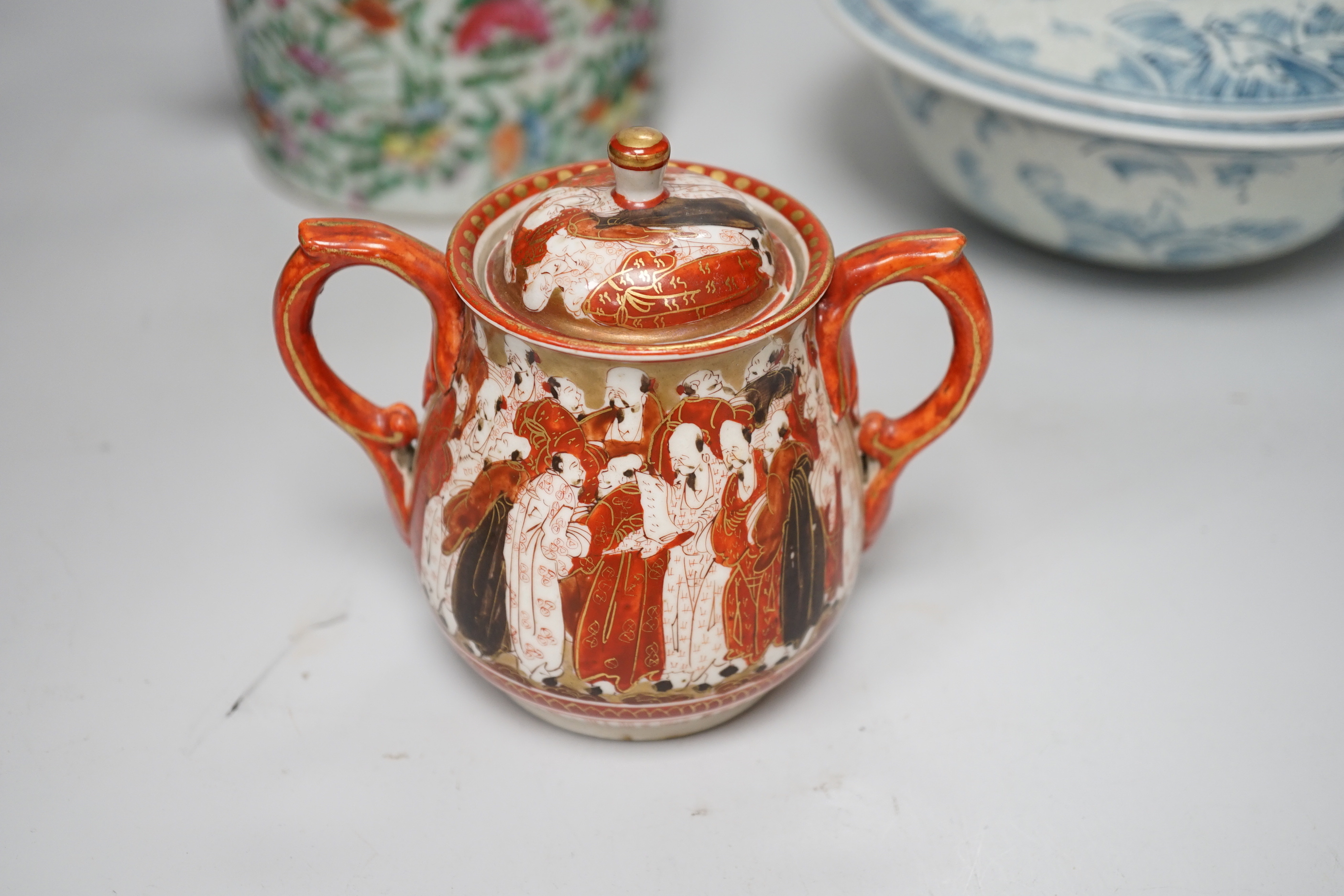 Assorted Chinese and Japanese ceramics including a Kutani jar and cover and a floral teapot, the largest 15cm high